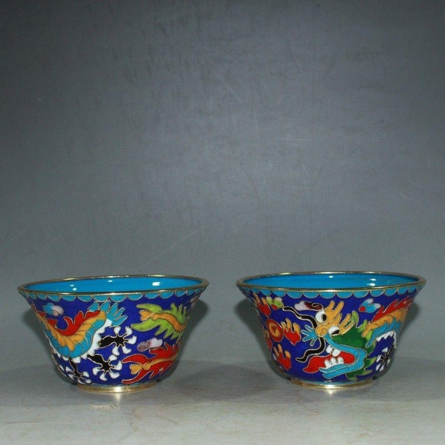 Traditional Vintage Cloisonne Enamel Tea Bowls – 3.9" Dragon & Phoenix Cups - Pair For Sale - Image 3 of 9