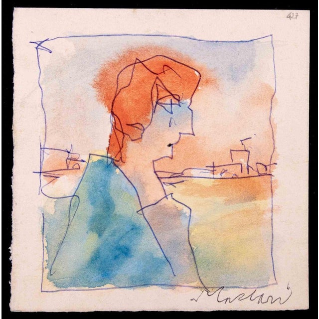 Portrait is a China Drawing and Watercolor realized by Mino Maccari (1924-1989) in 1980s. Hand-signed on the lower margin....