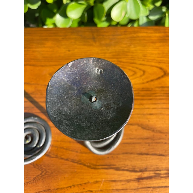 Vintage Hand Forged Brutalist Wrought Iron Spiral Candlesticks, Stamped Jb - Pair For Sale - Image 11 of 12