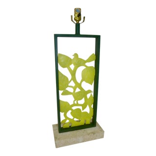 Travertine Marble and Punched Metal Bird Green Lamp For Sale