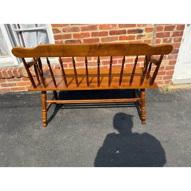 Wood Vintage Early American Colonial Windsor Style Spindle Back Bench For Sale - Image 7 of 15