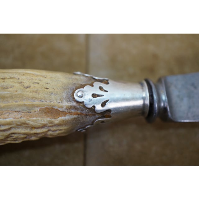 Antique Sterling Silver Antler Stag Horn Cows Head Fork & Knife Meat Carving Set 15" For Sale - Image 14 of 16
