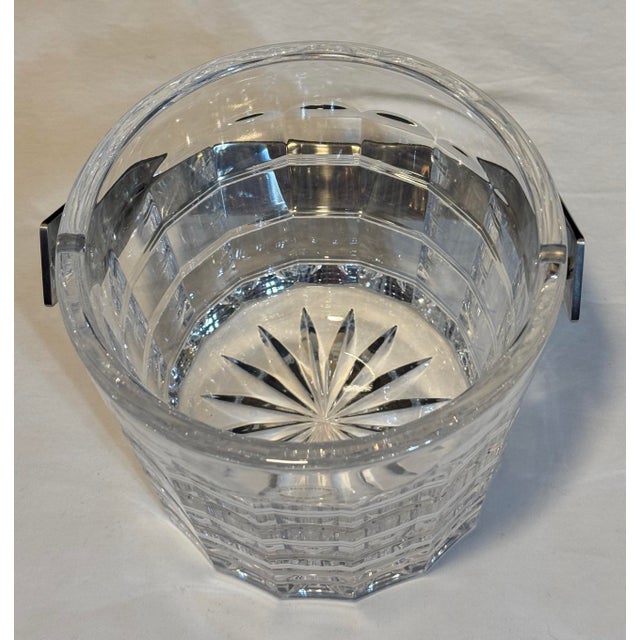 1980s Vintage Slovenia Crystal Window Pane Pattern Ice Bucket Nickel Metal Handle For Sale - Image 5 of 11