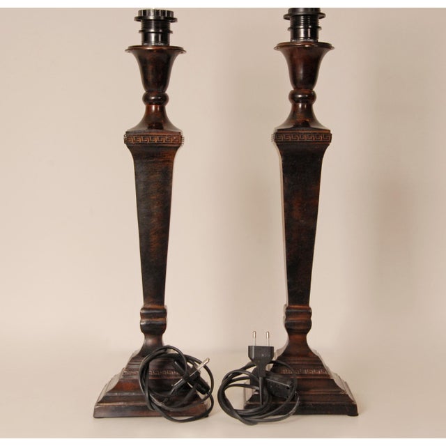 1990s Vintage French Traditional Neoclassical Tablelamps Cast Iron Bronze With Beige Linen Shade - A Pair For Sale - Image 5 of 9