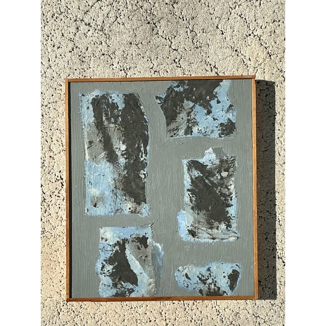 A masterful study in texture and form, this vintage abstract painting offers a quiet yet profound statement. Set against a...