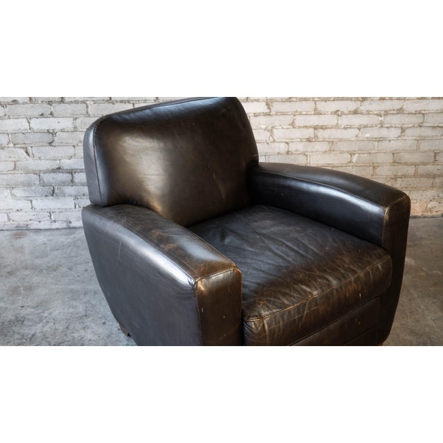 Restoration Hardware Art Deco Black Leather Club Chair & Ottoman For Sale - Image 11 of 14