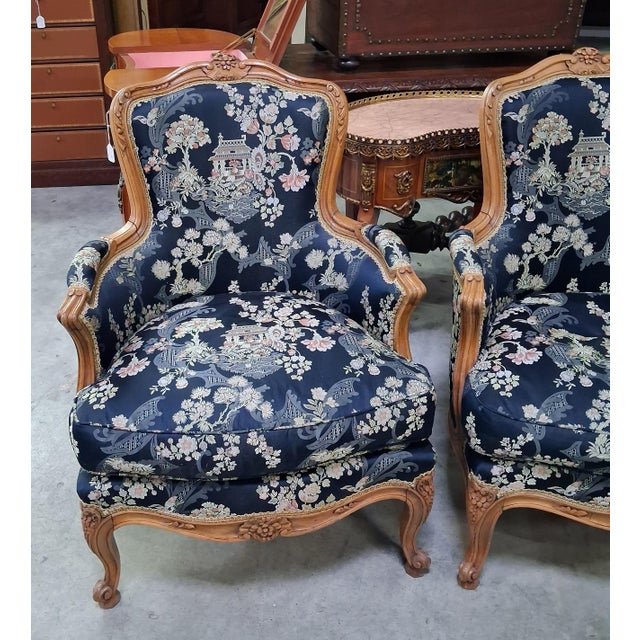 Louis XV Bergère Armchairs with Japonisme Tapestry, Set of 2 For Sale - Image 3 of 5