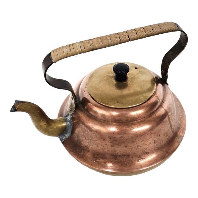 Vintage Dutch Copper Tea Kettle With Brass Lid and Wrapped Handle, 7.5" For Sale