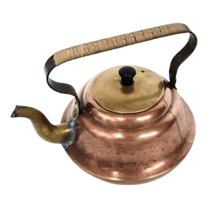 Vintage Dutch Copper Tea Kettle With Brass Lid and Wrapped Handle, 7.5"