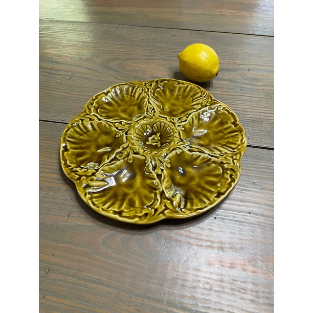 1950s French Gien Majolica Olive Green Oyster Plate For Sale - Image 14 of 16