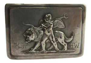 Early Silver Plate Patch Box Angel Putti Lions Dogs