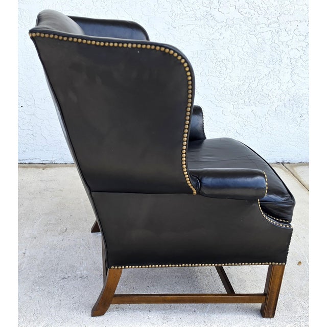 1980s Classic Georgian Chippendale Black Leather Wingback Library Gentlemans Armchair For Sale - Image 5 of 16