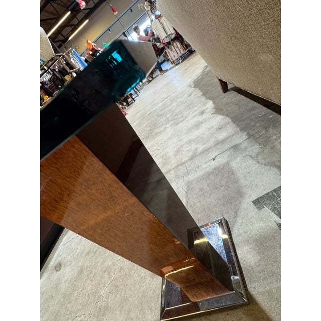 1990s Modern Inverted Triangle Table Walnut, Chrome, & Glass For Sale In Phoenix - Image 6 of 6