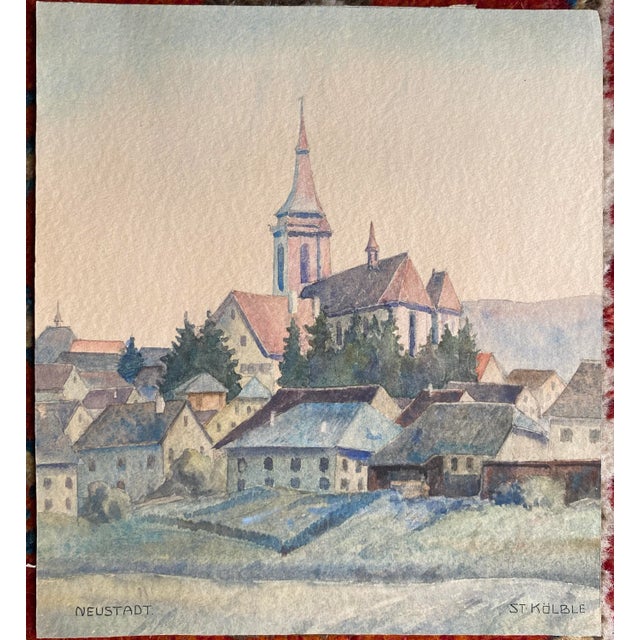 1930s watercolor of church in Neustadt, Germany. Inscribed "Neustadt" lower left and "St. Kolble" lower right.