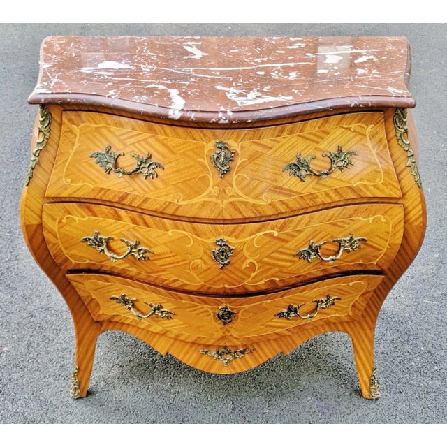 Antique French Louis XV Style Inlaid Bronze Mounted Marble Top Commode For Sale - Image 13 of 13