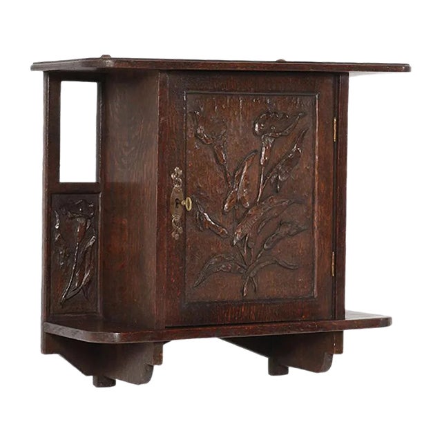 Oak Arts & Crafts Art Nouveau Wall Cabinet with Calla Lilies, 1900s For Sale