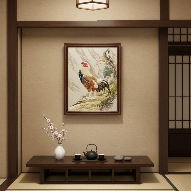 A distinguished example of mid-century bunka shishu, this hand-worked rooster embroidery comes from a private North...