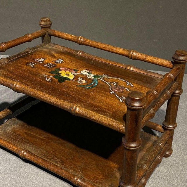 1980s Vintage Chinese Rosewood Bamboo-Form Display Stand / Mother of Pearl Inlay Tea Shelf For Sale - Image 5 of 9