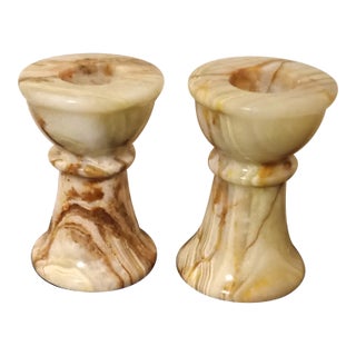 Pair of 2 Variegated Marble Candle Holders For Sale