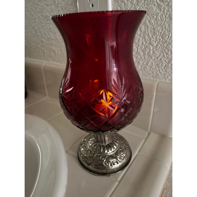 Metal Vintage Red Cut Glass Candle Vessel Lantern or Vase For Sale - Image 7 of 9