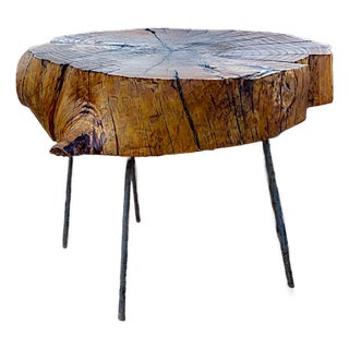 Brutalist Asymmetric Round Live Edge Reclaimed Wood Slab Coffee Side Table on Pegged Legs For Sale