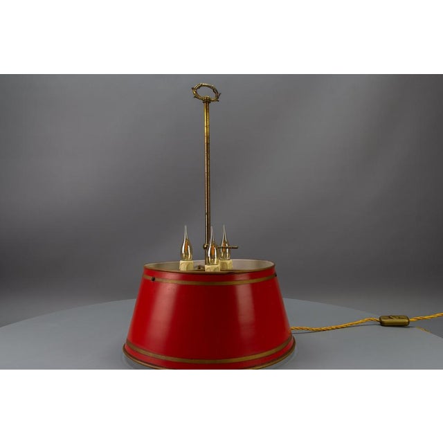 Gold French Brass and Red Tole Shade Three-Light Bouillotte Desk Lamp, 1950s For Sale - Image 8 of 18