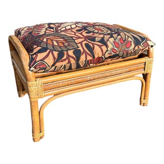 Vintage Bamboo Ottoman Foot Stool Upholstered Cushion For Sale