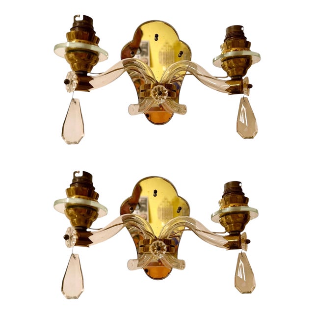Art Deco French Crystal and Mirror Wall Sconces from Maison Baguès, Paris, 1945s, Set of 2 For Sale