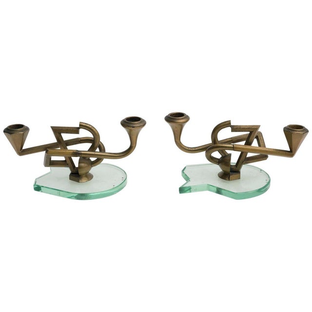 Italian Candleholders in Brass and Crystal, 1950s, Set of 2 For Sale - Image 6 of 6