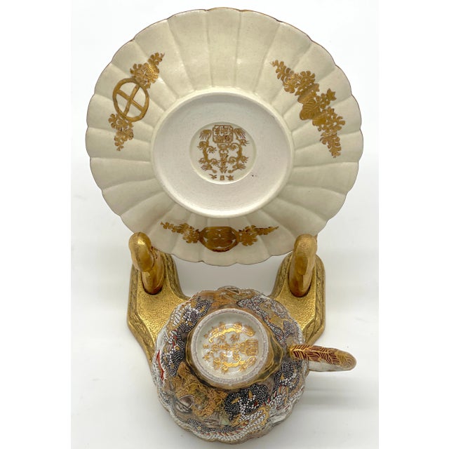 Black Extraordinary Meiji Satsuma Cup & Saucer, Raised Gilt Enamel Signature, Kozan Zo - a Pair For Sale - Image 8 of 9