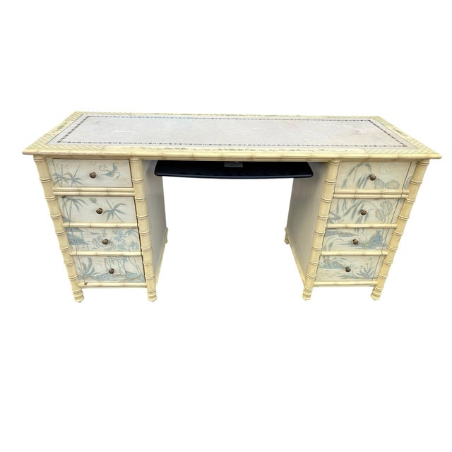 Faux Bamboo Hand Painted Blue and Creme Chinoiserie Desk For Sale - Image 12 of 12