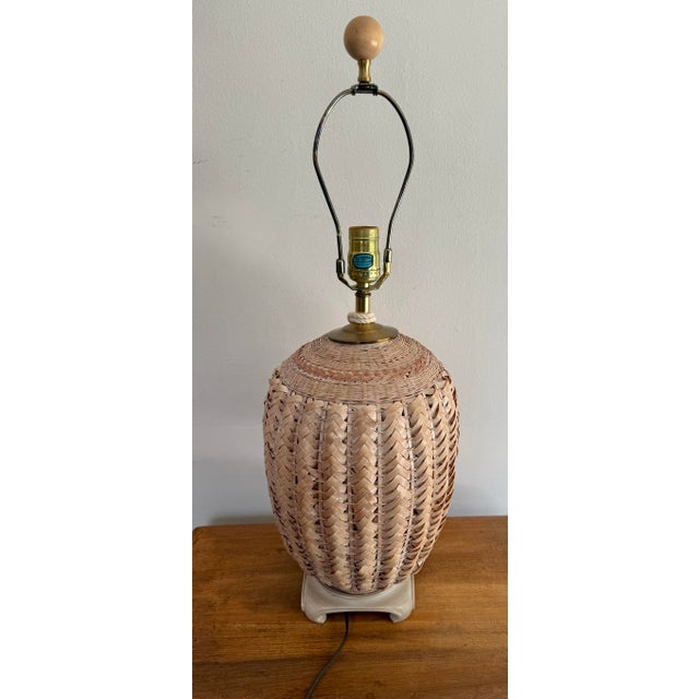 Wood 1980s Coastal Wicker Basket Lamp With Tassel For Sale - Image 7 of 9
