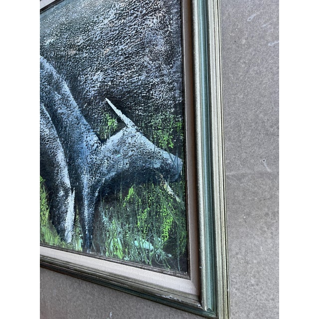 Wood Vintage Signed Roane Sgraffito Original Biomorphic Grazing Deer Painting Framed Canvas Abstract Expressionism For Sale - Image 7 of 10