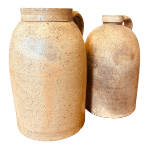 Set of Two Antique European Stoneware Olive Oil & Wine Jugs