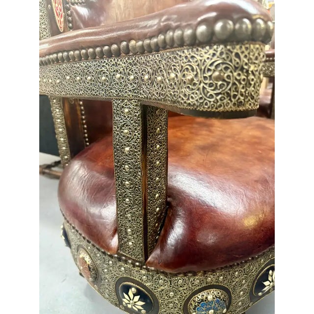 Portuguese Colonial Style Leather & Filigree Design Throne Chair For Sale - Image 10 of 12