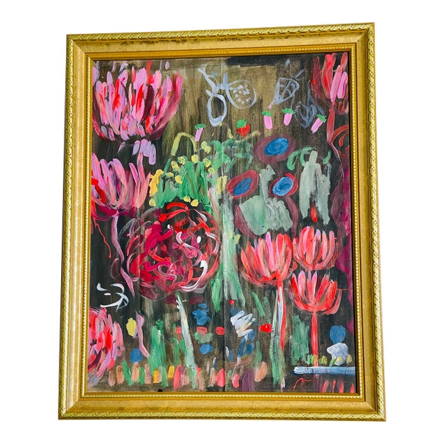 1970s Abstract Modern Magic Garden Mixed Media Signed Framed For Sale