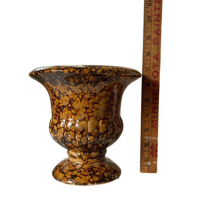 Rustic European 1970s Vintage Brown and Golden Beige Splatter Glazed Speckle Finished Ceramic Urn For Sale - Image 3 of 8