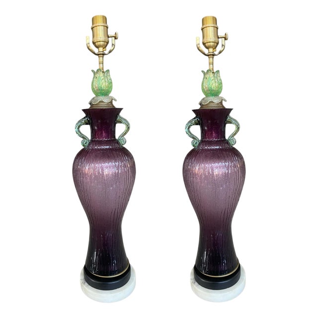 Italian Amethyst Art Glass Table Lamps, 1960s, Set of 2 For Sale
