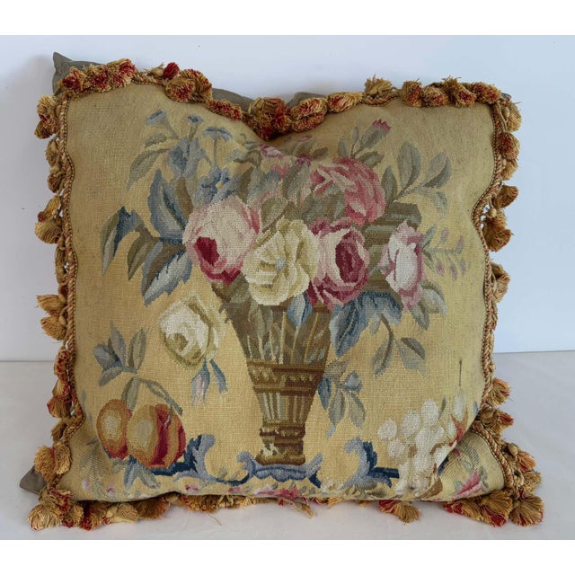 Textile French Aubusson Style Tapestry Pillow with Silk Velvet Backing For Sale - Image 7 of 15