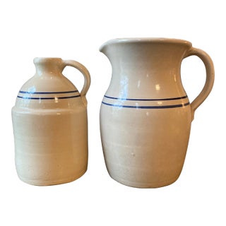 Vintage Signed Marshall Pottery Stoneware Pitcher and Jug With Double Cobalt Stripes-Set of 2 For Sale
