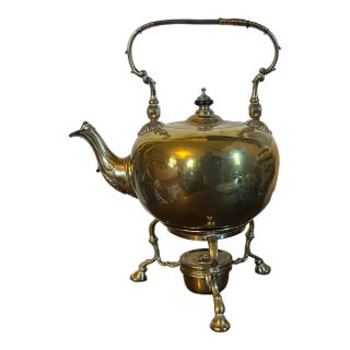 Antique 18th Century English George III Brass Tea Pot Kettle and Stand With Spirit Warming Lamp For Sale