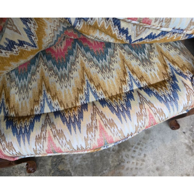 Pair of Mid-Century French Louis XV Style Walnut Bergère Fauteuils With Ikat Upholstery For Sale - Image 9 of 13