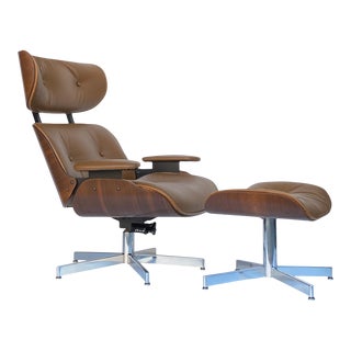 1960s Plycraft Walnut & Leather Eames Style Lounge With Ottoman For Sale