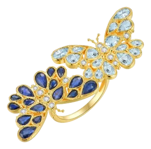 Nina Zhou Sapphire Aquamarine Diamond Two Butterfly Between the Finger Cocktail Ring in 14k Yellow Gold, Size 6