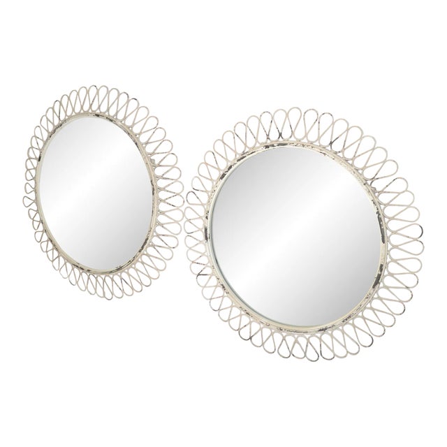 Pair, French Round Wrought Iron Wall Mirror Art Deco Style White Distressed Look For Sale