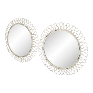 Pair, French Round Wrought Iron Wall Mirror Art Deco Style White Distressed Look