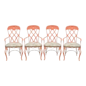 Late 20th Century Vintage Hollywood Regency Wrought Iron Shell Sunroom Dining Arm Chair - Set of 4