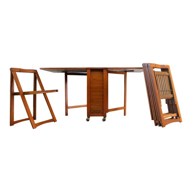 1960s Danish Modern Drop Leaf Hide a Way Table With 4 Folding Chairs - 5 Pieces For Sale