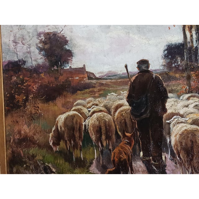 The sheepherder is guiding his flock back home which is seen in the background. This wonderful painting has been recently...