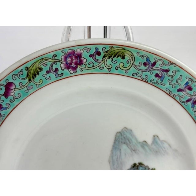 Vintage Hand-Painted Chinese Famille Rose Landscape & Turquoise Enamel Dish Set - Pair For Sale - Image 4 of 8